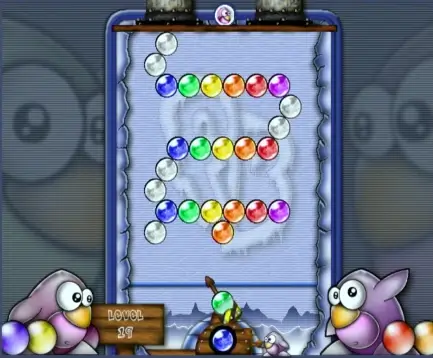 Frozen Bubble level showing chained pops and falling groups