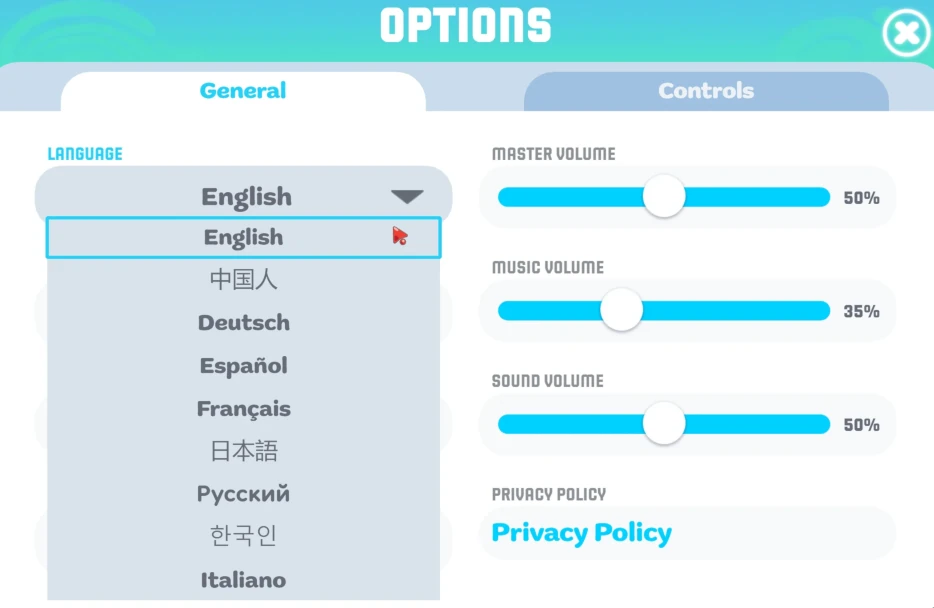 Bubbits options menu showing language selection with multiple localized language choices