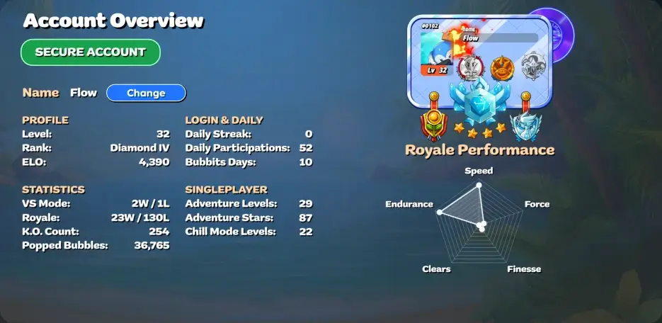 Bubbits Account Overview screen showing your statistics and progression