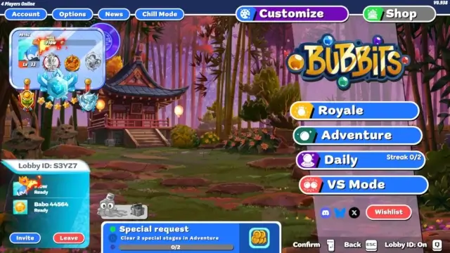 Bubbits party menu showing lobby and invite controls